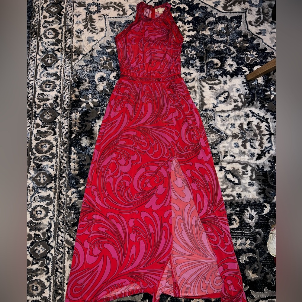 Michael Kors Floor Length Pink and Orange Halter Dress